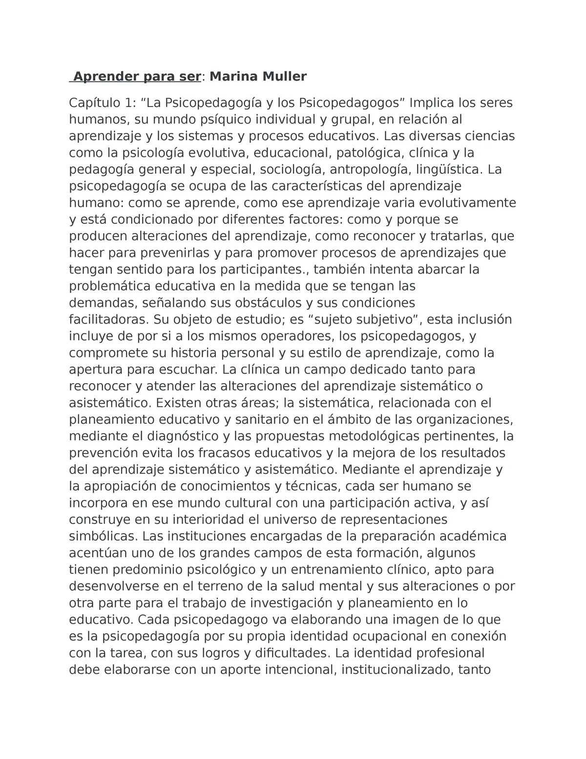 marina muller aprender para ser resumen - Qué es la psicopedagogía Muller